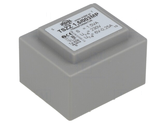 Transformator: ingegoten; 1,5VA; 230VAC; 6V; 200mA; PCB; IP00 Transformator: ingegoten; 1,5VA; 230VAC; 6V; 200mA; PCB; IP00